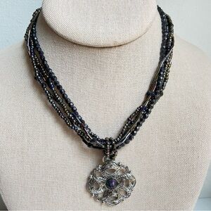 Cookie Lee beaded iridescent oil slick torsade pendant necklace multi strand